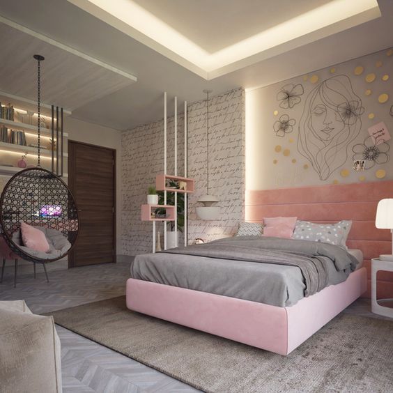 hình ảnh mẫu phòng ngủ tông màu hồng xám hiện đại, ghế treo màu đen, đầu giường trang trí tranh vẽ khuôn mặt cô gái