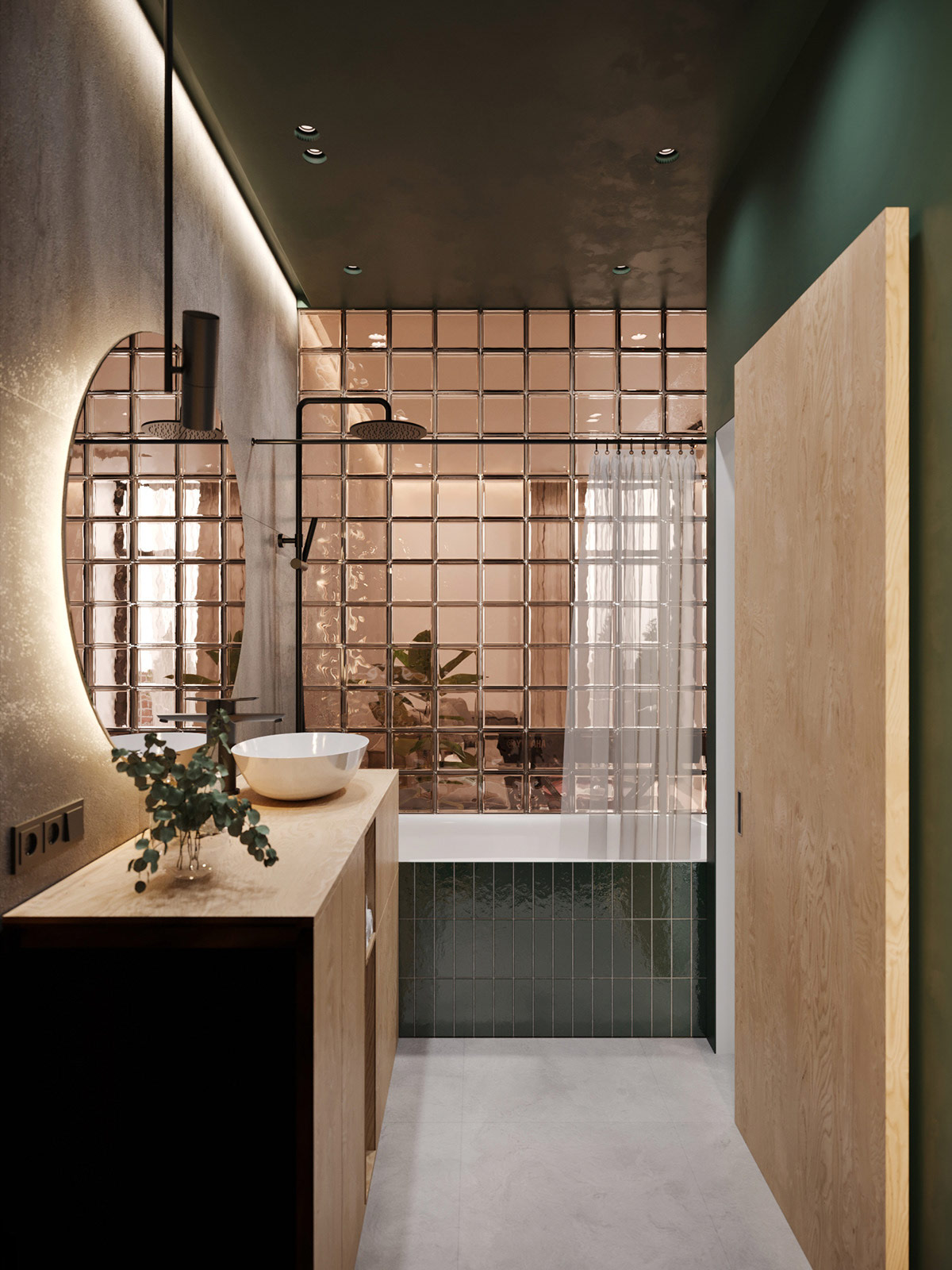 hình ảnh phòng tắm tông màu xanh lá chủ đạo, tường gạch kính lấy sáng từ phòng khách