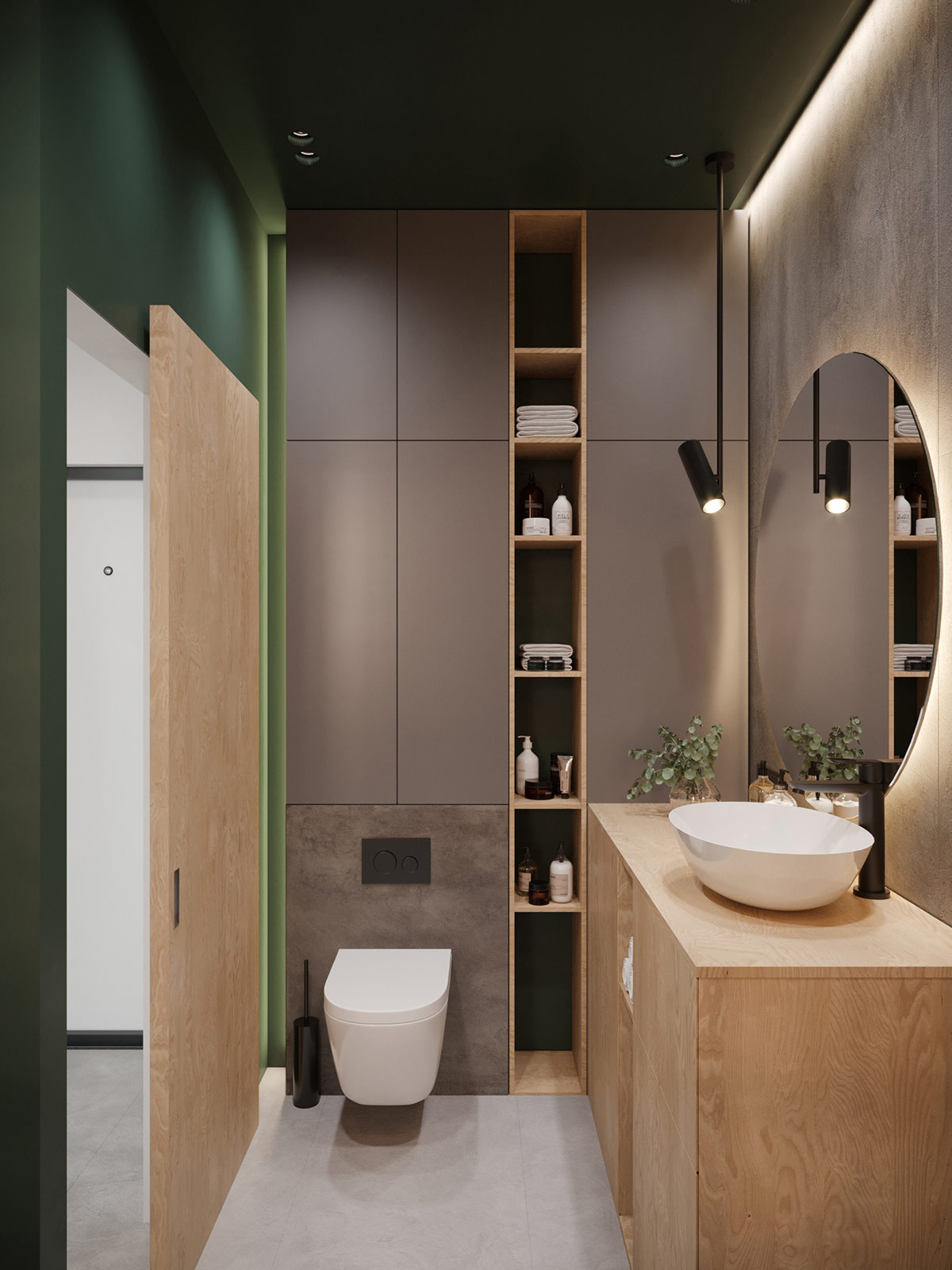 hình ảnh phòng tắm với trần và tường sơn màu xanh lá, gương tròn, đèn LED, đèn âm trần, hộc kệ lưu trữ khăn tắm