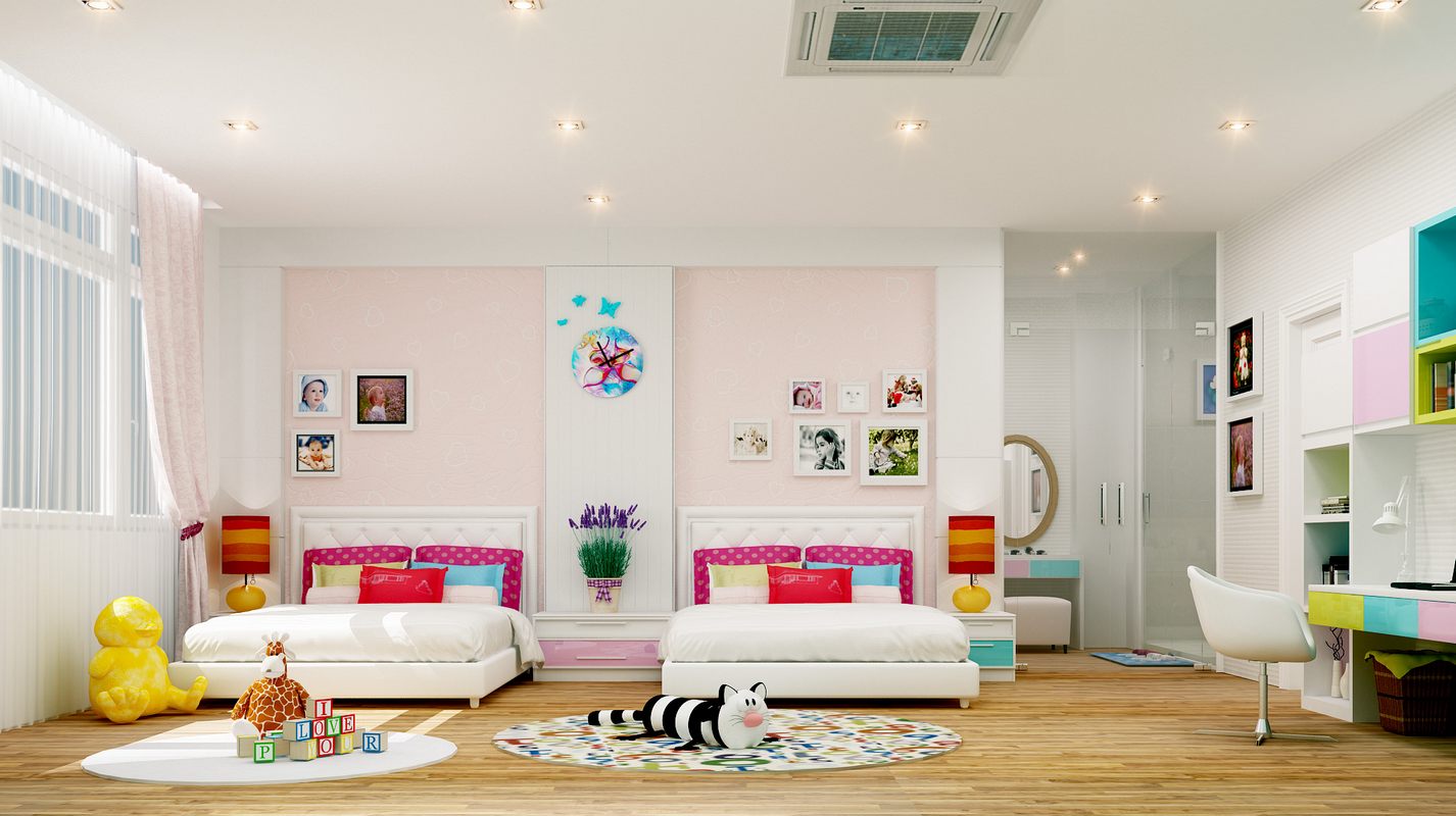 hình ảnh phòng ngủ của trẻ với giường đôi, trần thạch cao phẳng, ga gối màu hồng xinh xắn, tranh treo tường