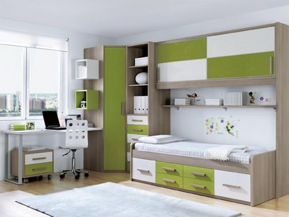 hình ảnh phòng ngủ con trai màu xanh trắng - xanh lá kết hợp hài hòa, bàn học đặt cạnh cửa sổ kính, giường tích hợp ngăn kéo lưu trữ.