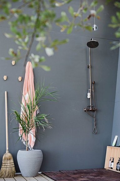 hình ảnh cận cảnh tường phòng tắm sơn màu xám, vòi hoa sen, chổi quét, chậu cây xanh tạo điểm nhấn sinh động