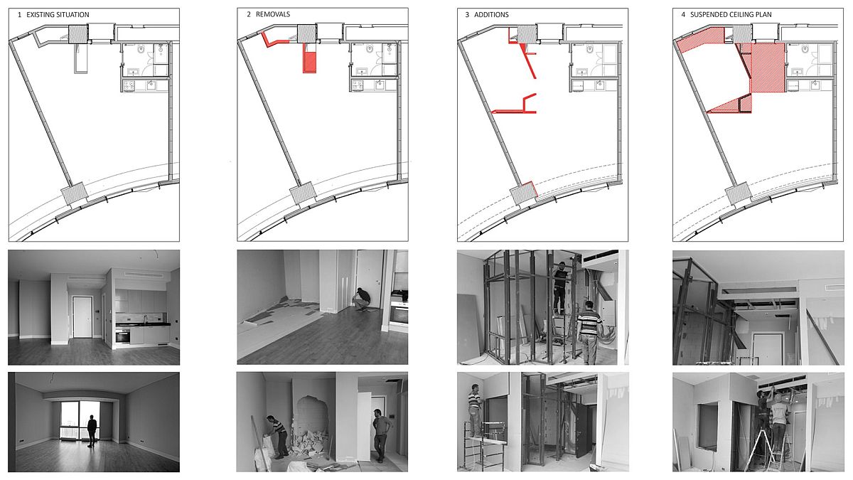 hình ảnh mặt bằng và thợ thi công trong quá trình cải tạo căn hộ 45m2 ở Thổ Nhĩ Kỳ