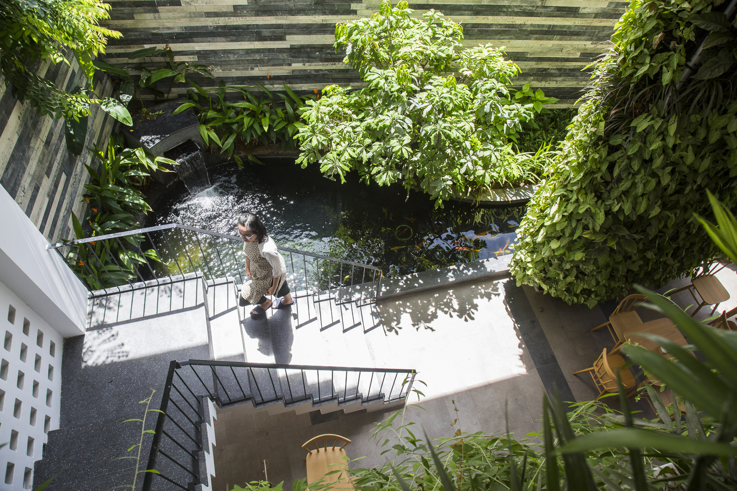 hình ảnh khuôn viên khách sạn xanh mát, hồ cá Koi sinh động, cây cối ngập tràn