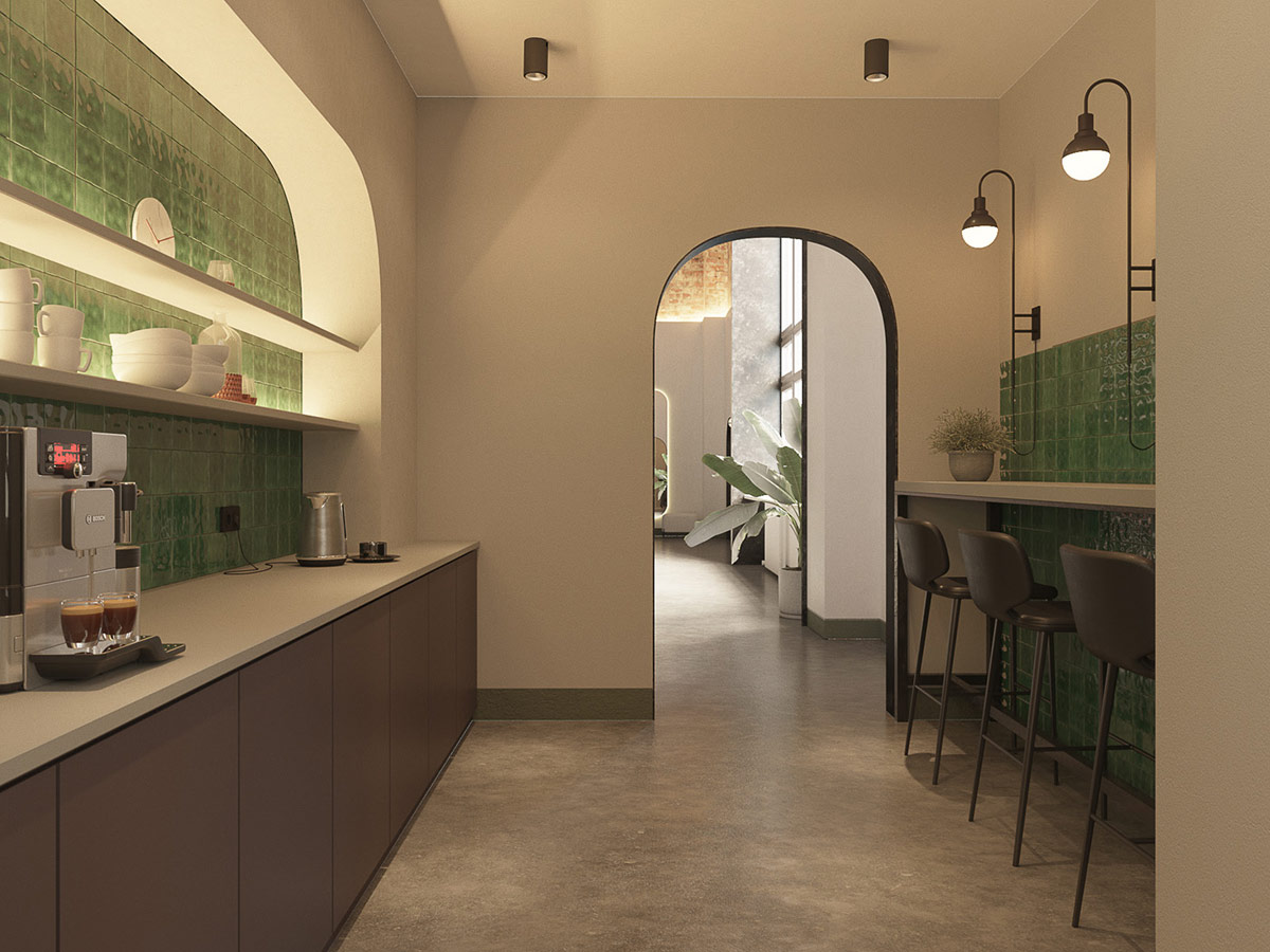 hình ảnh phòng bếp, quầy bar hiện đại với tường ốp gạch xanh lá sáng bóng