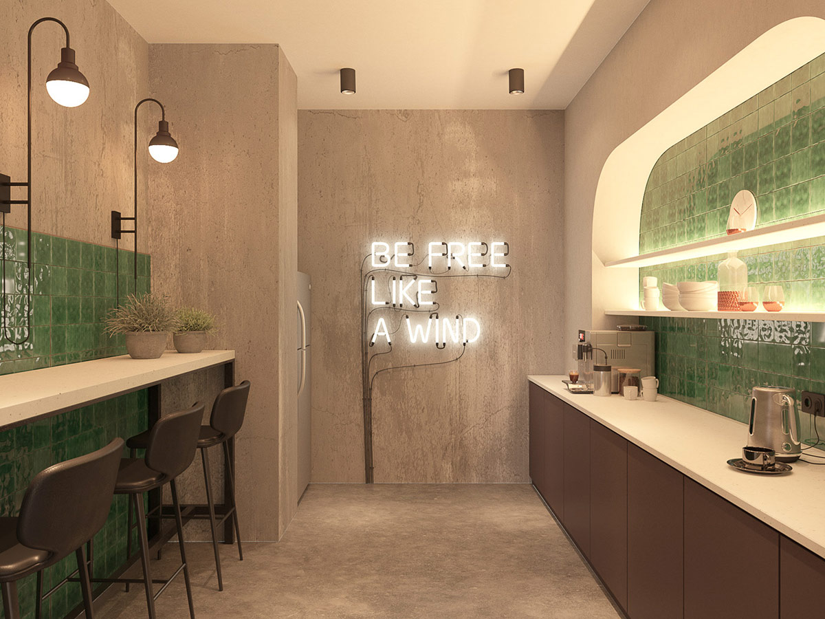 Hình ảnh toàn cảnh phòng bếp văn phòng với tường ốp gạch màu xanh lá, đèn LED chữ 