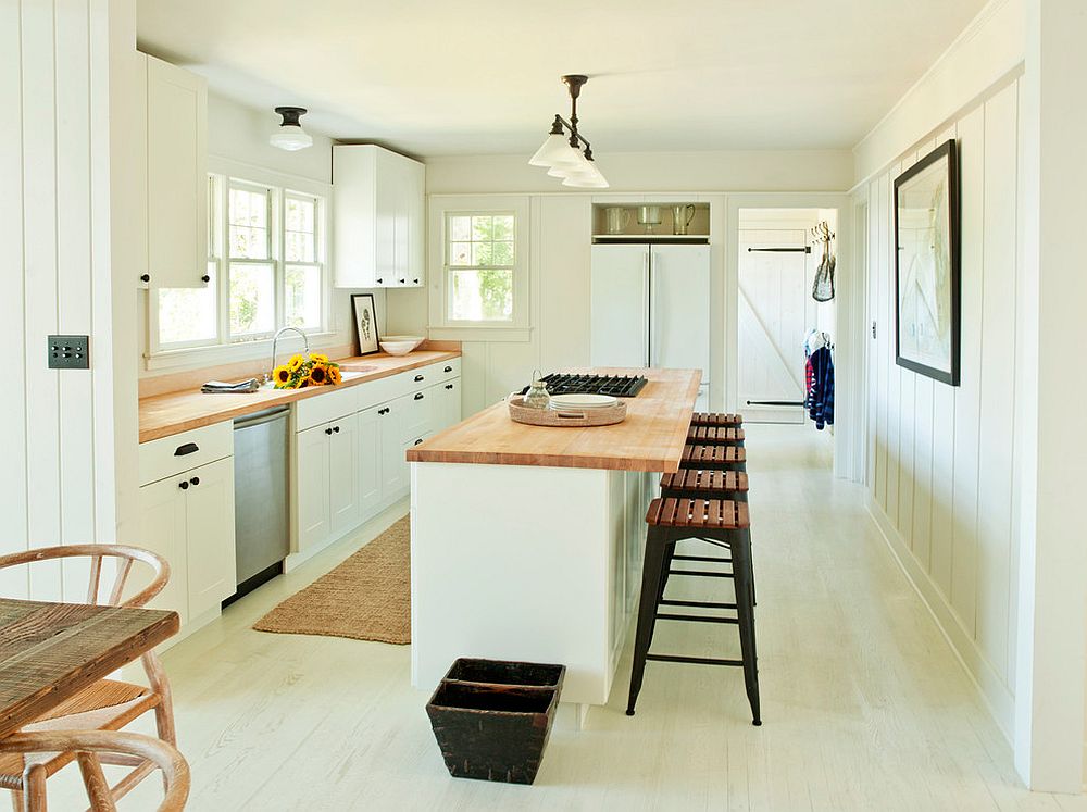 hình ảnh phòng bếp màu trắng kết hợp vật liệu gỗ tự nhiên