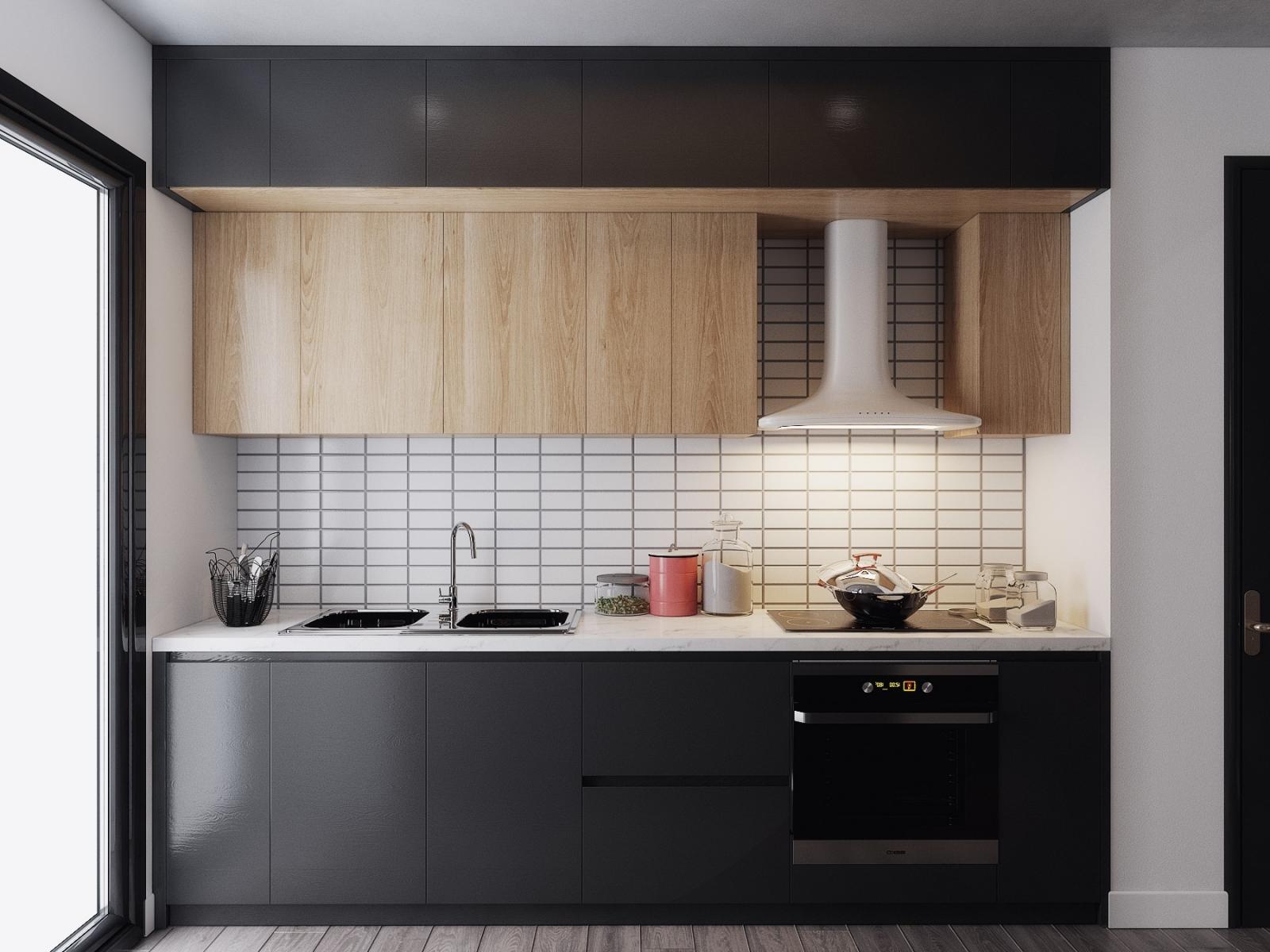 hình ảnh phòng bếp tối giản với tủ bếp trên bằng gỗ, tường chắn màu trắng, tủ dưới sơn đen tuyền huyền bí