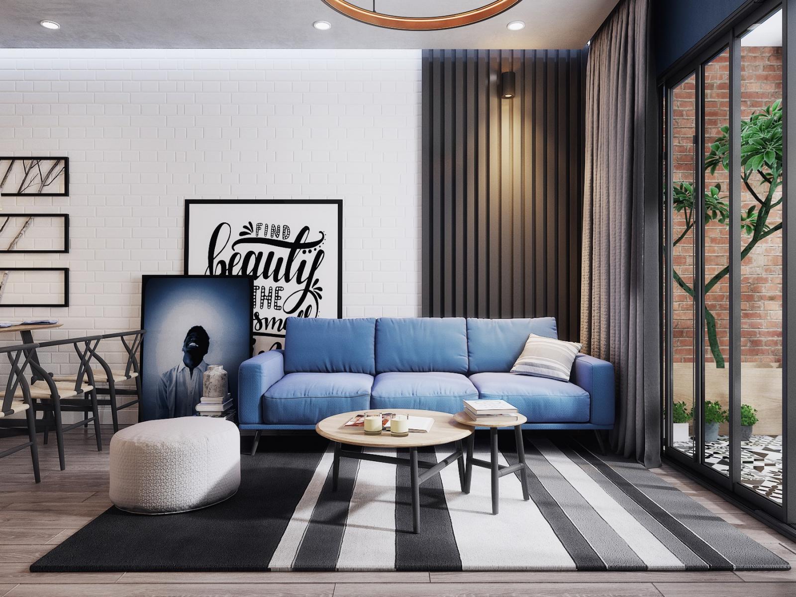 hình ảnh toàn cảnh phòng khách hiện đại với sofa màu xanh nước biển
