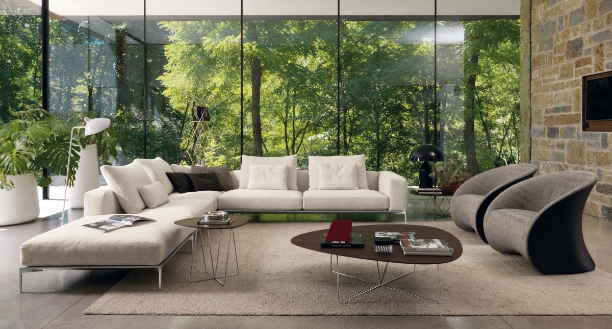 hình ảnh phòng khách với tranh tường 3D phong cảnh rừng nhiệt đới