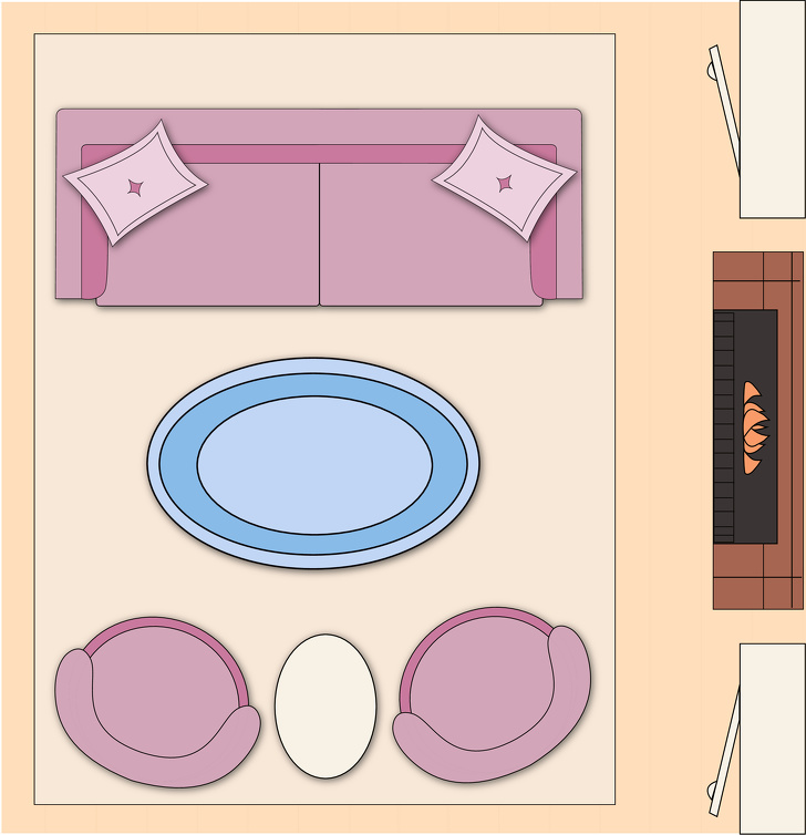 hình ảnh minh họa cho việc bài trí phòng khách theo bố cục cân bằng với bàn cà phê ở giữa, sofa lớn đối diện với 2 sofa nhỏ hoặc 2 ghế bành đặt song song nhau