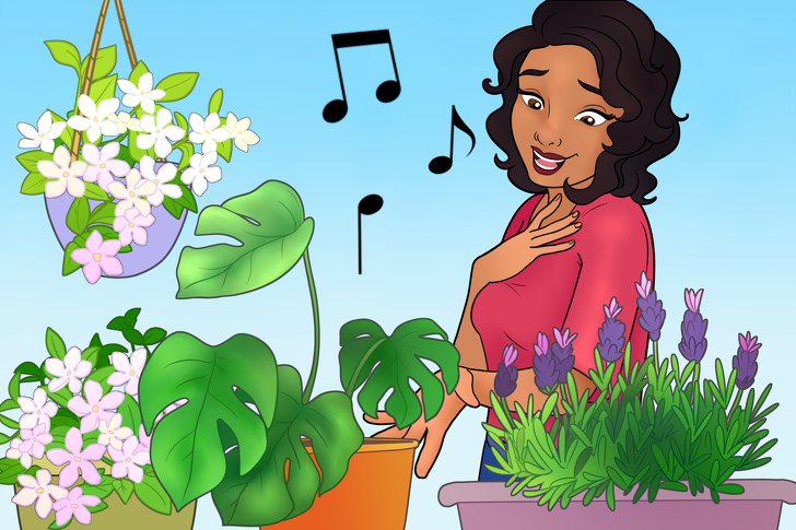 Hình vẽ cô gái đang hát bên cạnh những cây trồng trong nhà