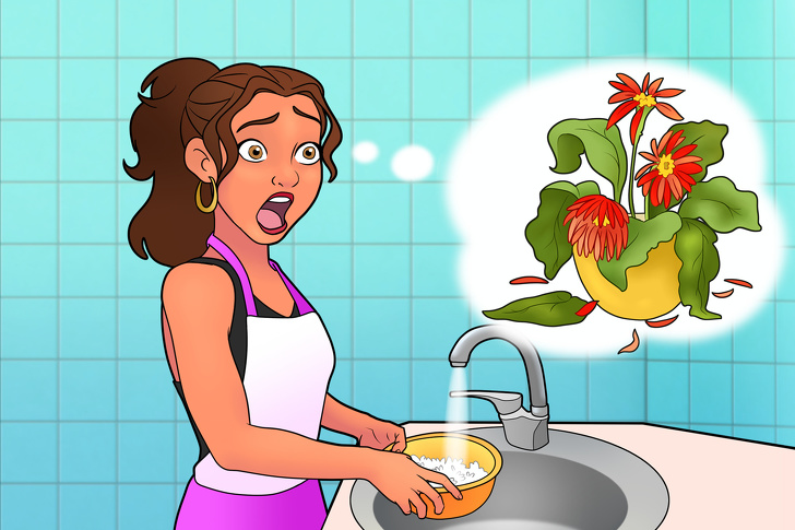 hình ảnh cô gái đang vo gạo nấu cơm, cạnh đó là chậu hoa màu đỏ