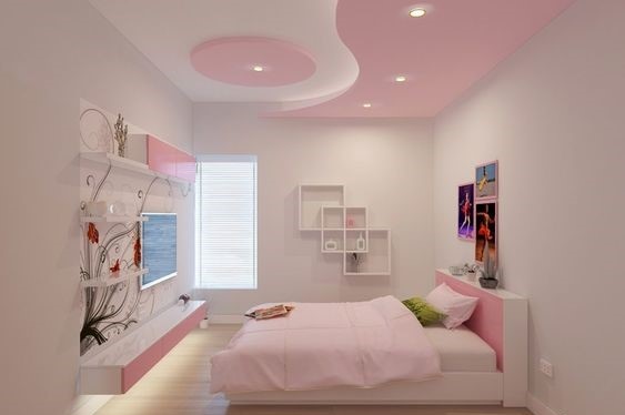 Hình ảnh phòng ngủ tông màu hồng nhẹ nhàng dành cho phòng ngủ con gái, kệ mở gắn tường, tranh trang trí đầu giường