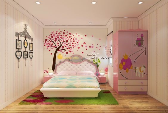hình ảnh phòng ngủ con gái với màu hồng lãng mạn, tranh tường đầu giường, tủ họa tiết động vật