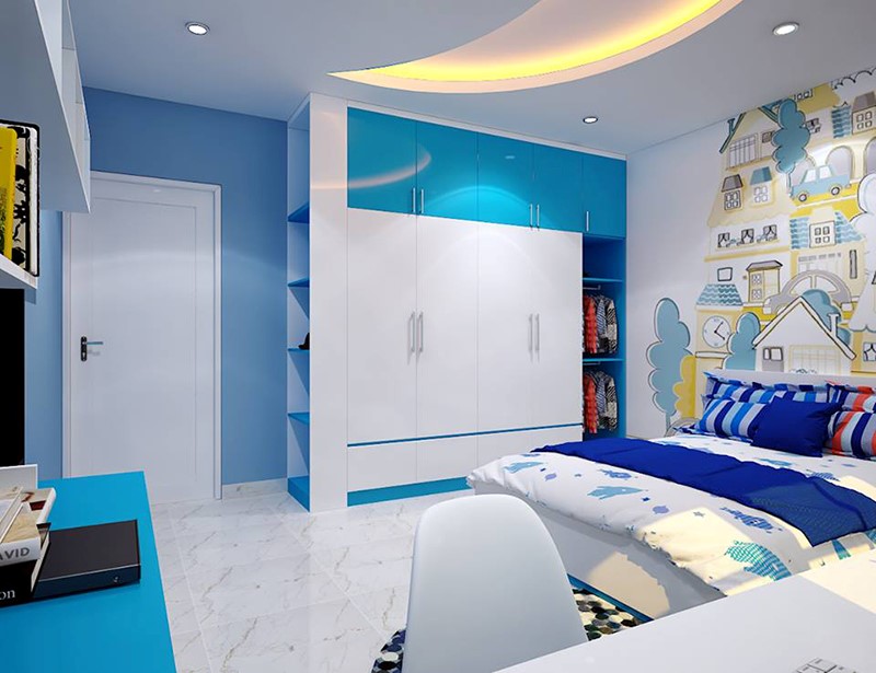 hình ảnh phòng ngủ con trai với tông màu xanh dương - trắng kết hợp hài hòa