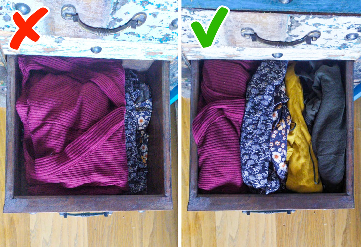 hình ảnh minh họa cho việc sử dụng ngăn kéo tủ quần áo đúng cách, sai cách