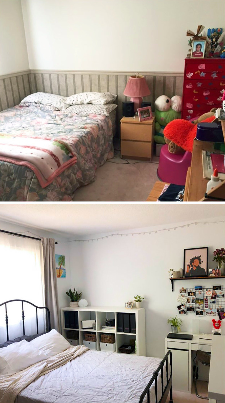 hình ảnh phòng ngủ của cô gái trước và sau khi cải tạo theo phong cách Rustic với giường sắt cổ điển