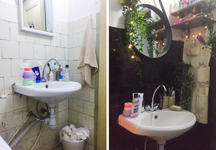 hình ảnh phòng tắm nhỏ trước và sau khi cải tạo với tường sơn đen, gương tròn, giỏ treo bằng vải