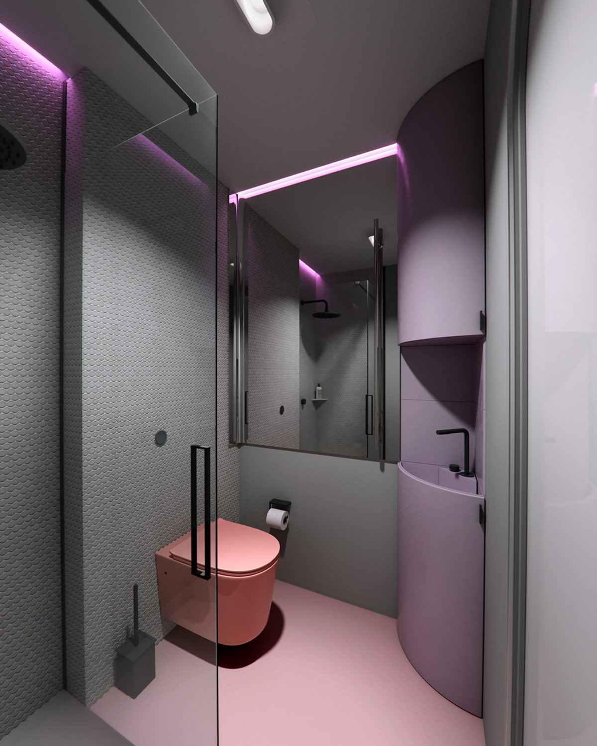 hình ảnh phòng tắm nhỏ với bồn cầu màu hồng, bồn rửa và tủ đồ màu tím, đèn LED âm trần