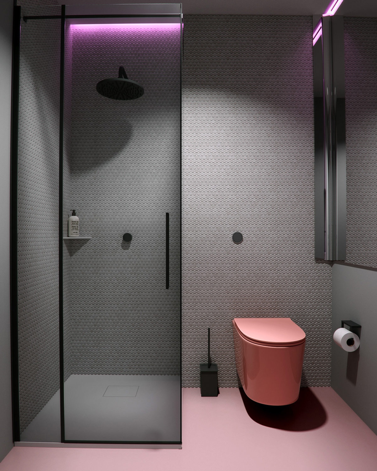 hình ảnh phòng tắm với cửa kính trượt, bồn cầu  và sàn màu hồng