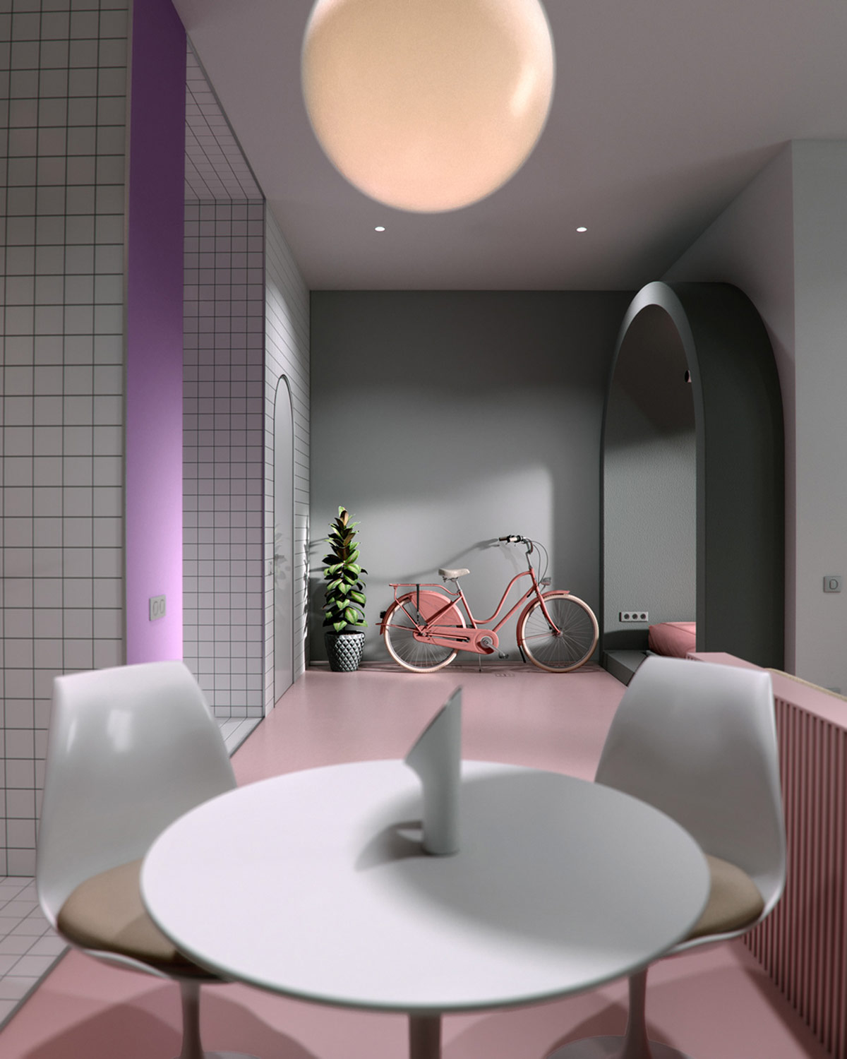 hình ảnh xe đạp màu hồng trong căn hộ 50m2 nhìn từ phòng ăn