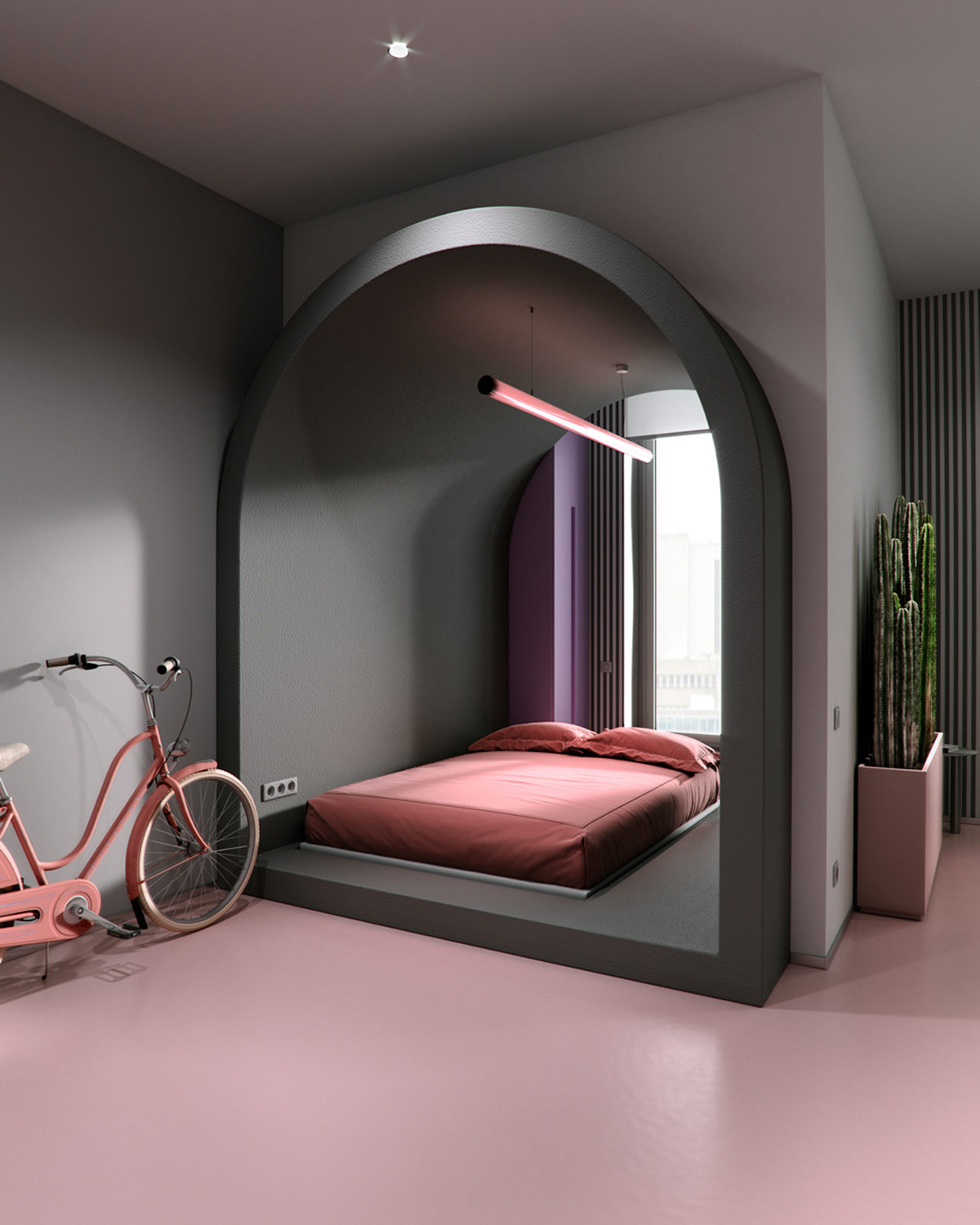 hình ảnh phòng ngủ nằm trong hốc vòm độc đáo với giường màu hồng, tường xám, cửa sổ kính