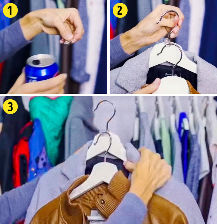 hình ảnh minh họa cho việc sử dụng vòng từ lon bia để treo thêm móc trong tủ quần áo