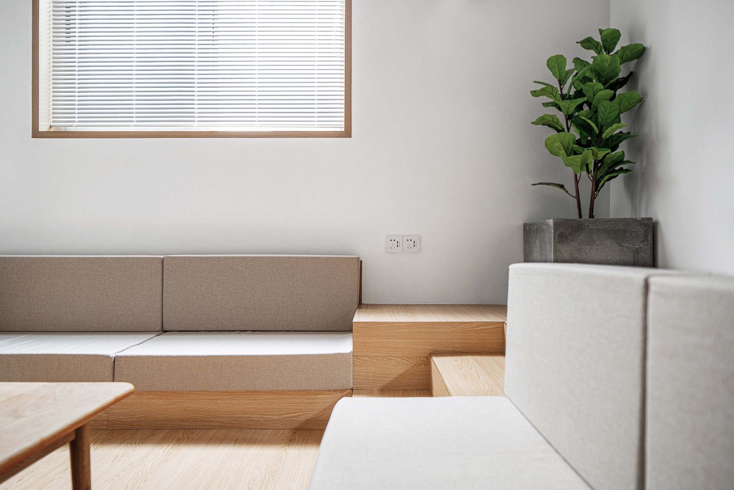 hình ảnh một góc phòng khách với sofa bọc nệm màu ghi, bàn trà gỗ, chậu cây ở góc phòng, rèm cửa xếp