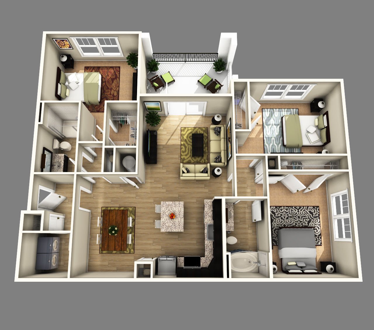 hình ảnh phối cảnh mẫu thiết kế nội thất căn hộ 3 phòng ngủ