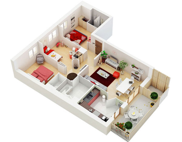 hình ảnh mẫu thiết kế nội thất căn hộ 3 phòng ngủ diện tích 90m2.