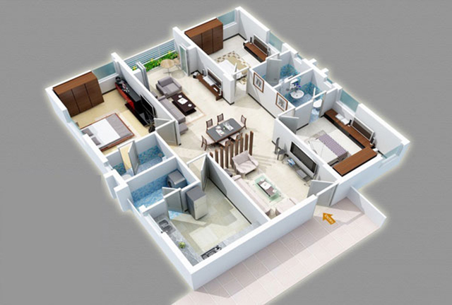 hình ảnh phối cảnh mẫu thiết kế căn hộ 3 phòng ngủ tông màu trang nhã, dịu mát.