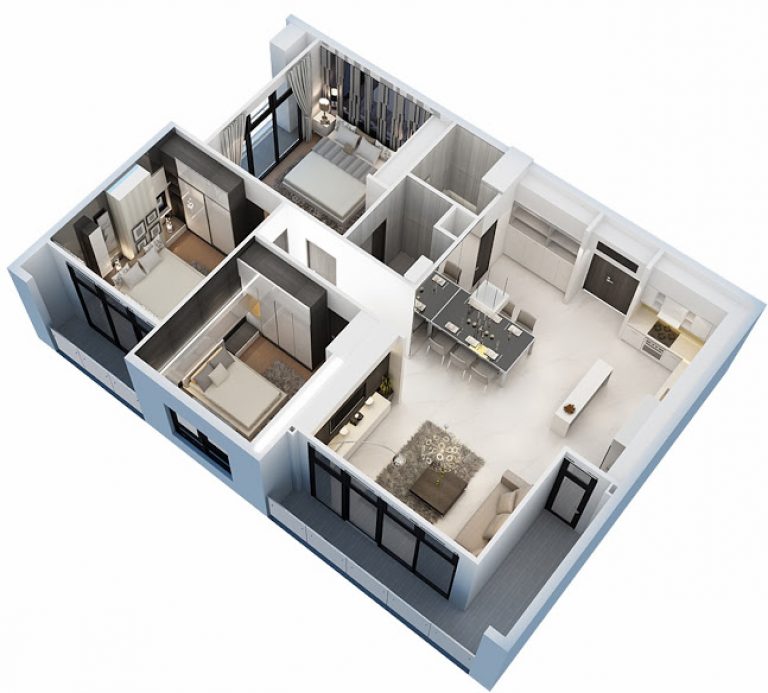 hình ảnh phối cảnh mẫu thiết kế nội thất căn hộ 3 phòng ngủ phong cách sang trọng, hiện đại.