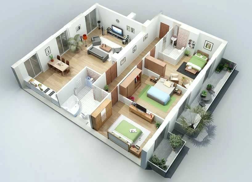 hình ảnh mẫu thiết kế nội thất căn hộ 3 phòng ngủ với khu vực sinh hoạt chung và các  phòng ngủ xếp thành 2 khối song song.