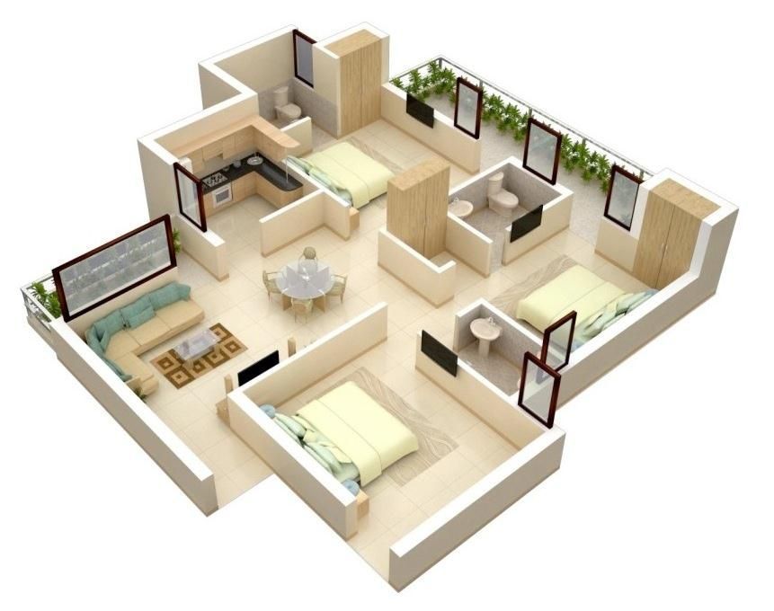 hình ảnh phối cảnh mẫu thiết kế nội thất căn hộ chung cư 70m2, 3 phòng ngủ.