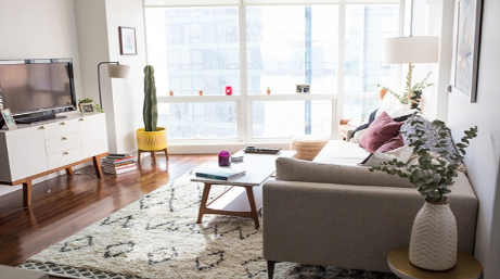 hình ảnh phòng khách nhỏ phong cách Bắc Âu với sofa ghi xám, bàn trà chữ nhật thấp sàn, đối diện là tủ tivi ngăn kéo màu trắng, cạnh đó là chậu cây xương rồng màu vàng