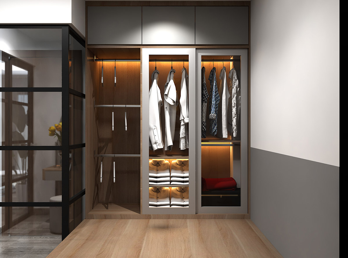 hình ảnh tủ quần áo gọn gàng được chia làm nhiều ngăn kệ, khoang lưu trữ, tích hợp ánh đèn LED màu vàng ấm áp