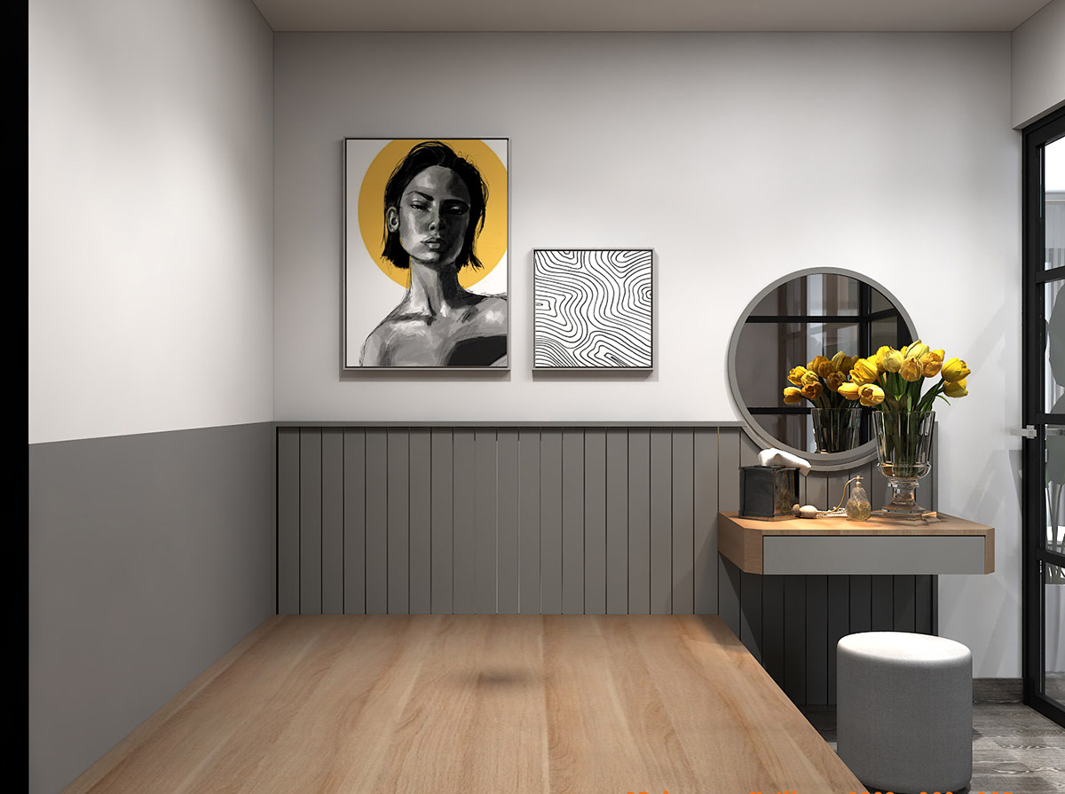 hình ảnh góc trang điểm trong căn hộ nhỏ với gương tròn, ghế đầu màu xám,tranh tường, phản gỗ trong căn hộ nhỏ
