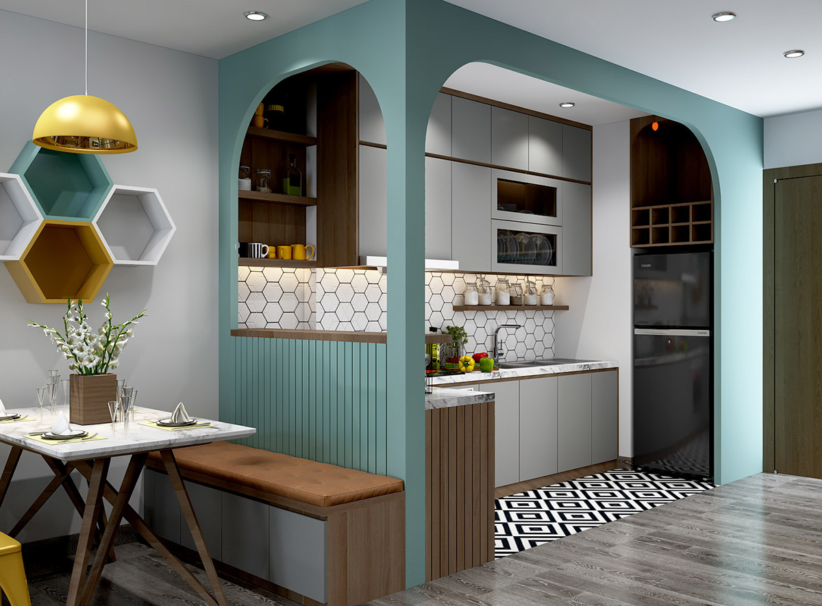 hình ảnh phòng bếp nhỏ đầy đủ tiện nghi, sàn lát gạch họa tiết hình học màu đen trắng, khung vòm màu xanh lam dịu mát