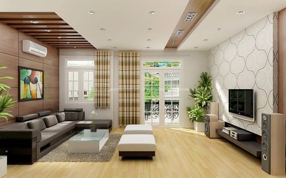 hình ảnh phòng khách nhà vườn 1 tầng với sofa xám đặt sát bức tường ốp gỗ, bàn trà kính chữ nhật, 2 ghế ngồi màu trắng, đối diện là tủ kệ tivi hiện đại