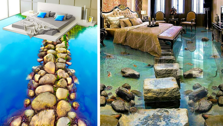 hình ảnh tấm trải sàn 3D hình mặt nước trong xanh trong phòng ngủ