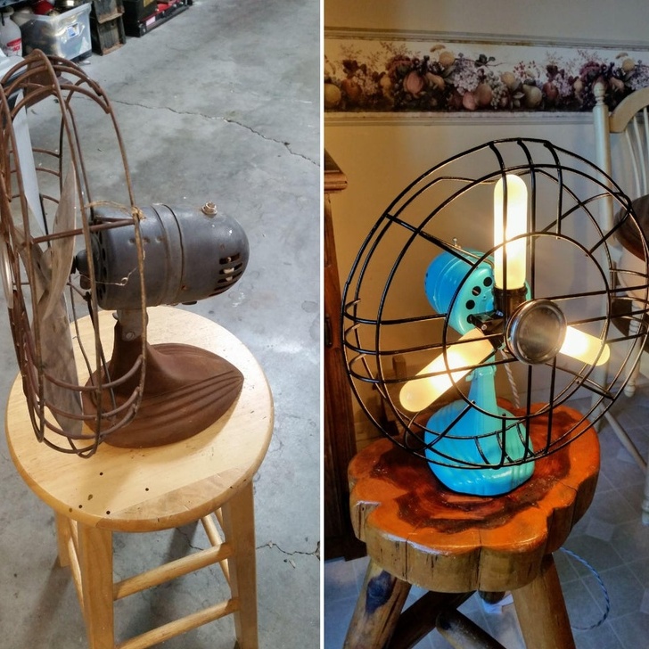 hình ảnh cận cảnh mẫu đèn bàn làm từ quạt điện cũ