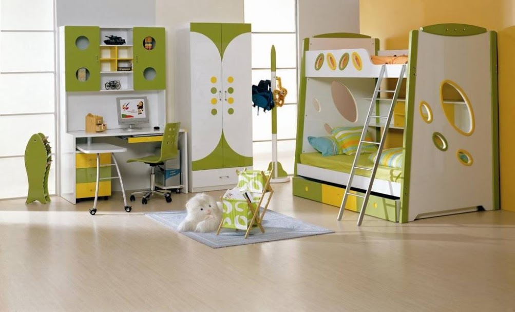 hình ảnh phòng của trẻ ngập tràn ánh sáng với giường tầng, tủ quần áo, bàn học màu xanh lá cây kết hợp sắc trắng