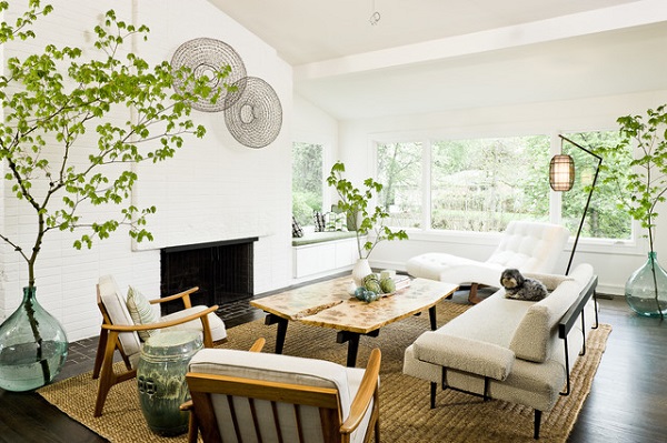 hình ảnh phòng khách Eco với cây xanh lớn, bàn gỗ, sofa trắng, thảm trải