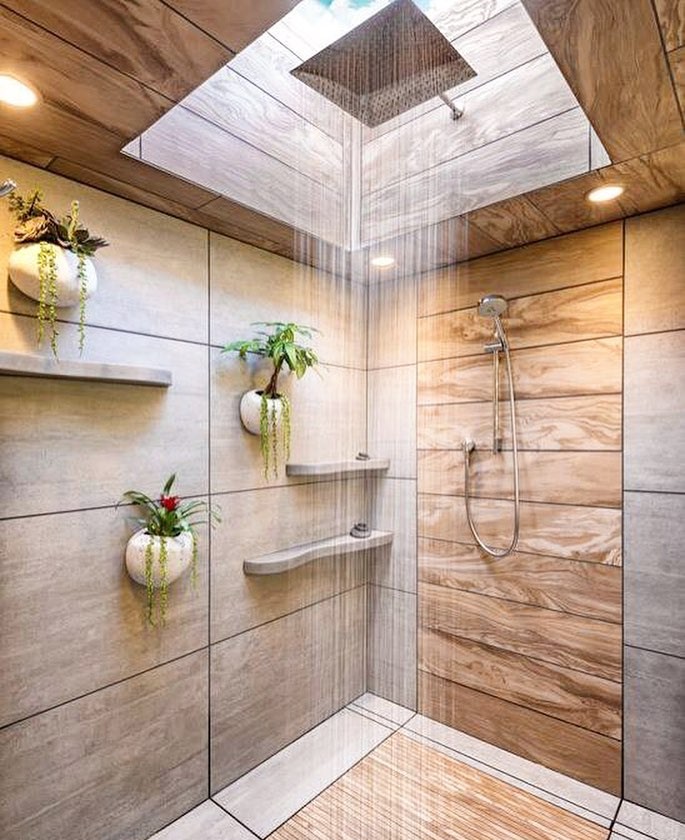 hình ảnh phòng tắm phong cách Eco với vòi sen lớn, cửa sổ trần, tường trang trí cây xanh