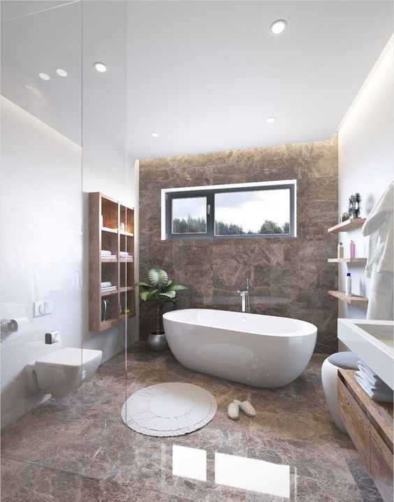 hình ảnh phòng tắm đẹp tinh tế với những bức tường trắng bao quanh một bức tường và sàn bằng đá cẩm thạch màu nâu, nội thất gỗ hiện đại.