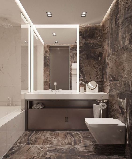 hình ảnh phòng tắm tối giản với gạch ốp lát màu nâu tinh tế