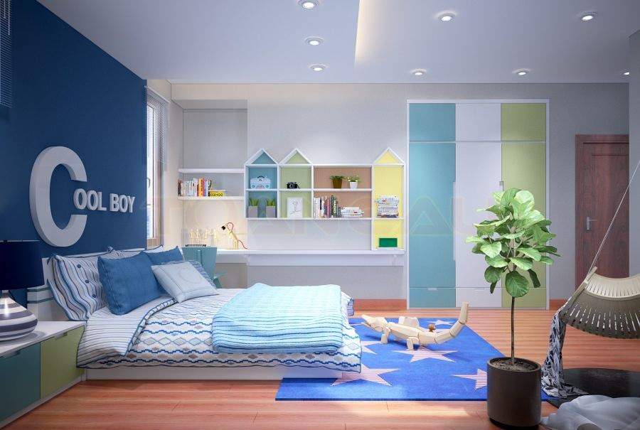 hình ảnh phòng ngủ con trai với tường đầu giường sơn xanh da trời, thảm trải họa tiết ngôi sao, cửa sổ kính lấy sáng cho khu vực bàn học, tủ kệ hình ngôi nhà