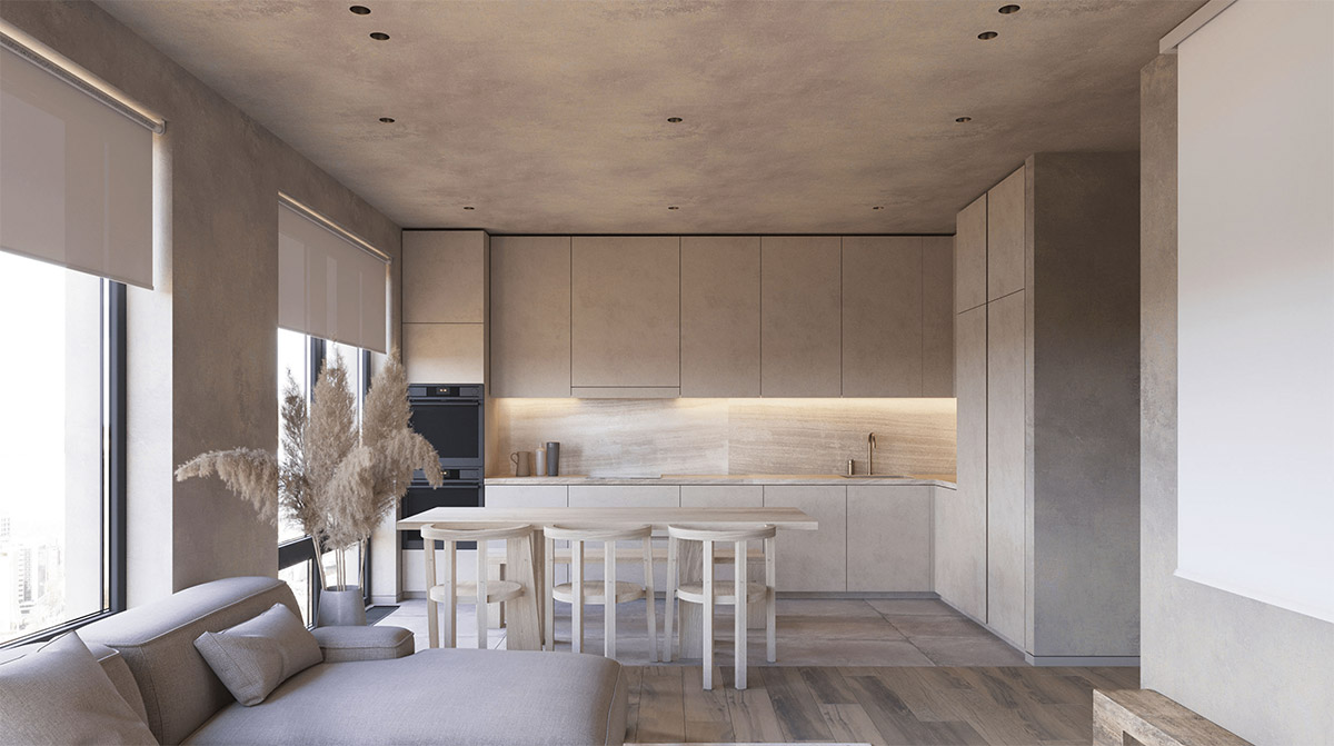 hình ảnh toàn cảnh phòng bếp màu xám cùng tông với tường và trần căn hộ