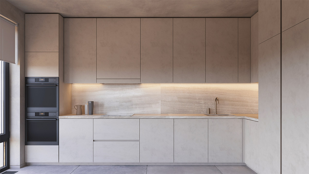 hình ảnh phòng bếp tông màu trung tính với tủ cùng tông xám với trần và tường, gắn đèn LED ánh sáng vàng